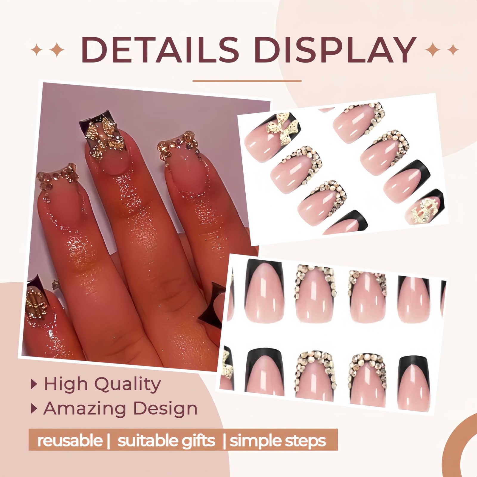 24pcs Black French Tip Press on Nails Short Square 4*2*0.3 Inch, Multicolor