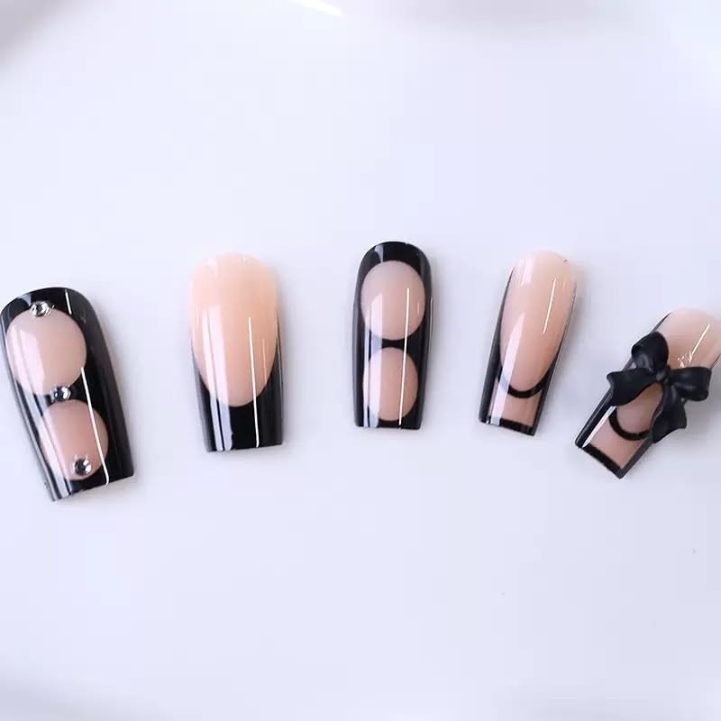 24 Pcs Reusable Black Bow Press On Nails – Glossy French Tips for Every Occasion