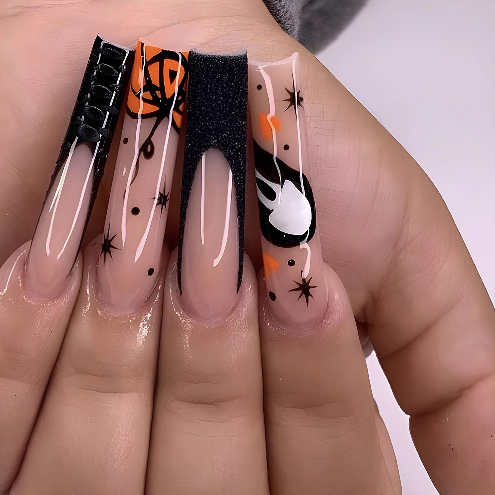 MISUD Press on Nails – Long Coffin Fake Nails with Goth Black, Acrylic Gothic…
