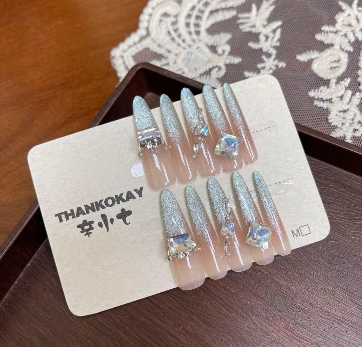 Long Press On Nail Handmade Removable Catseye Diamond Glitter Ombre Shiny Size M