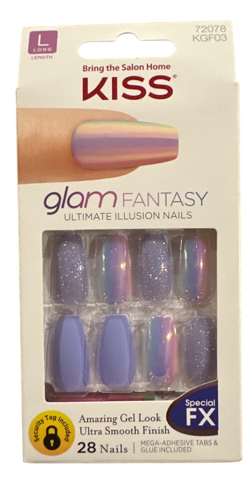 Kiss Glam Fantasy 28 Nail Long Coffin Matte Shiny+Glitter+Chrome Lavender FX