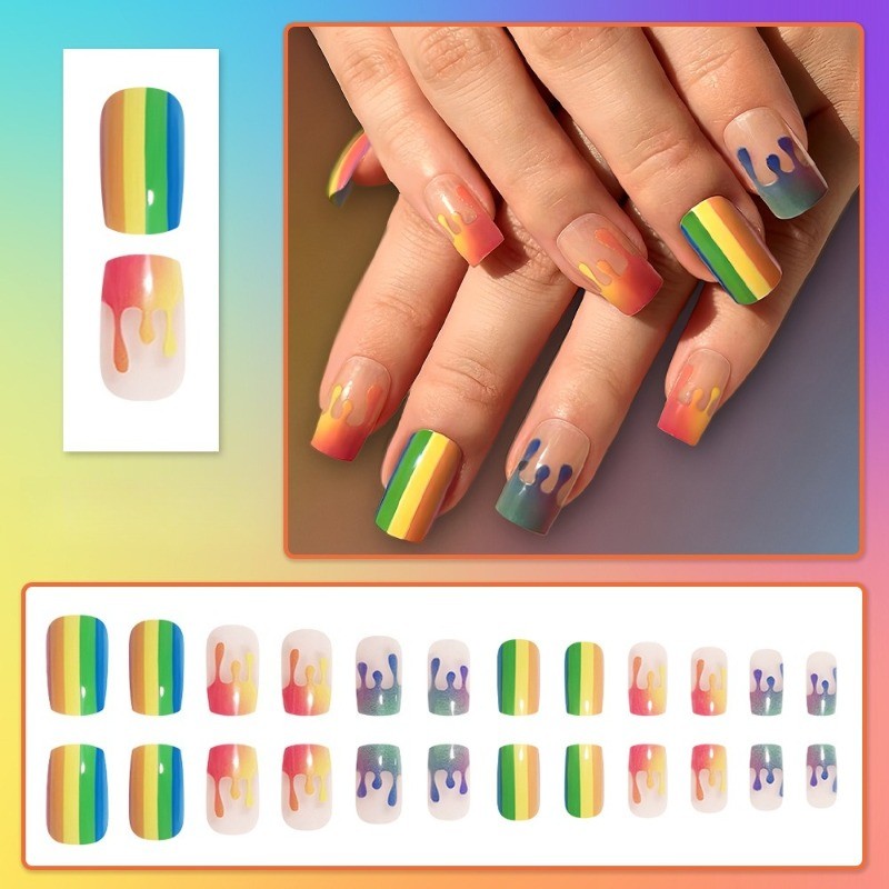 48pcs-Rainbow Drip Press on Nails, Short Square Gradient Pride Fake Nails