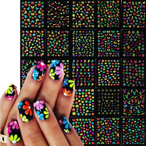 24Sheets Glow in Dark Flower Nail Art Sticker Decals 3D Fluorescence flower-7