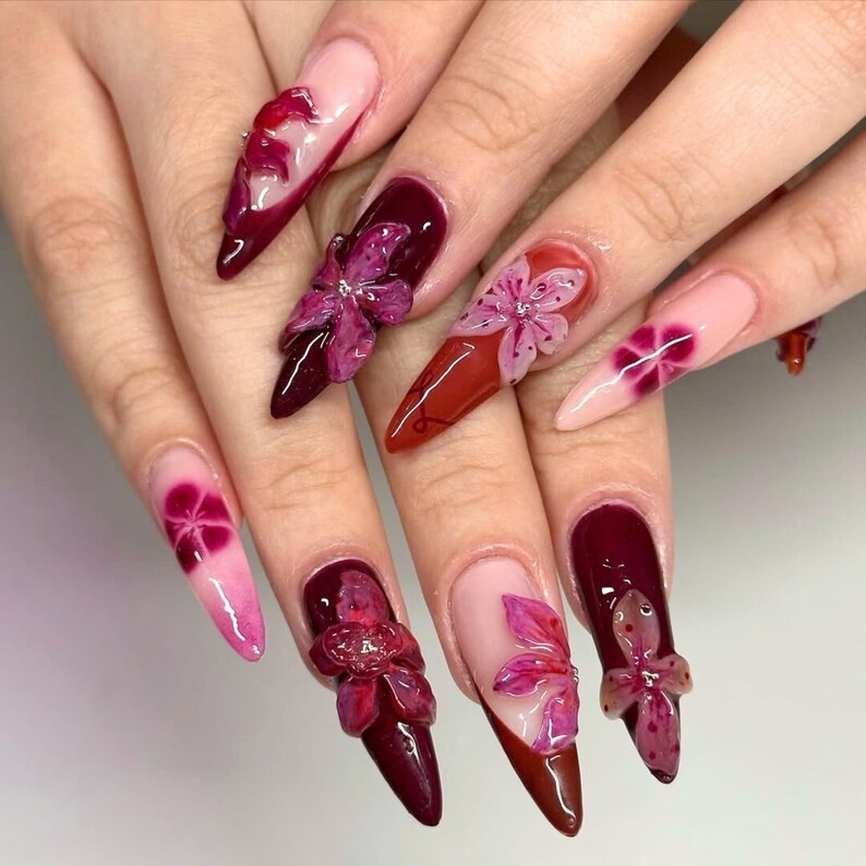 Gorgeous Orchid 3D Flower Press On Nails French Tips Stiletto Fake Nails Custom
