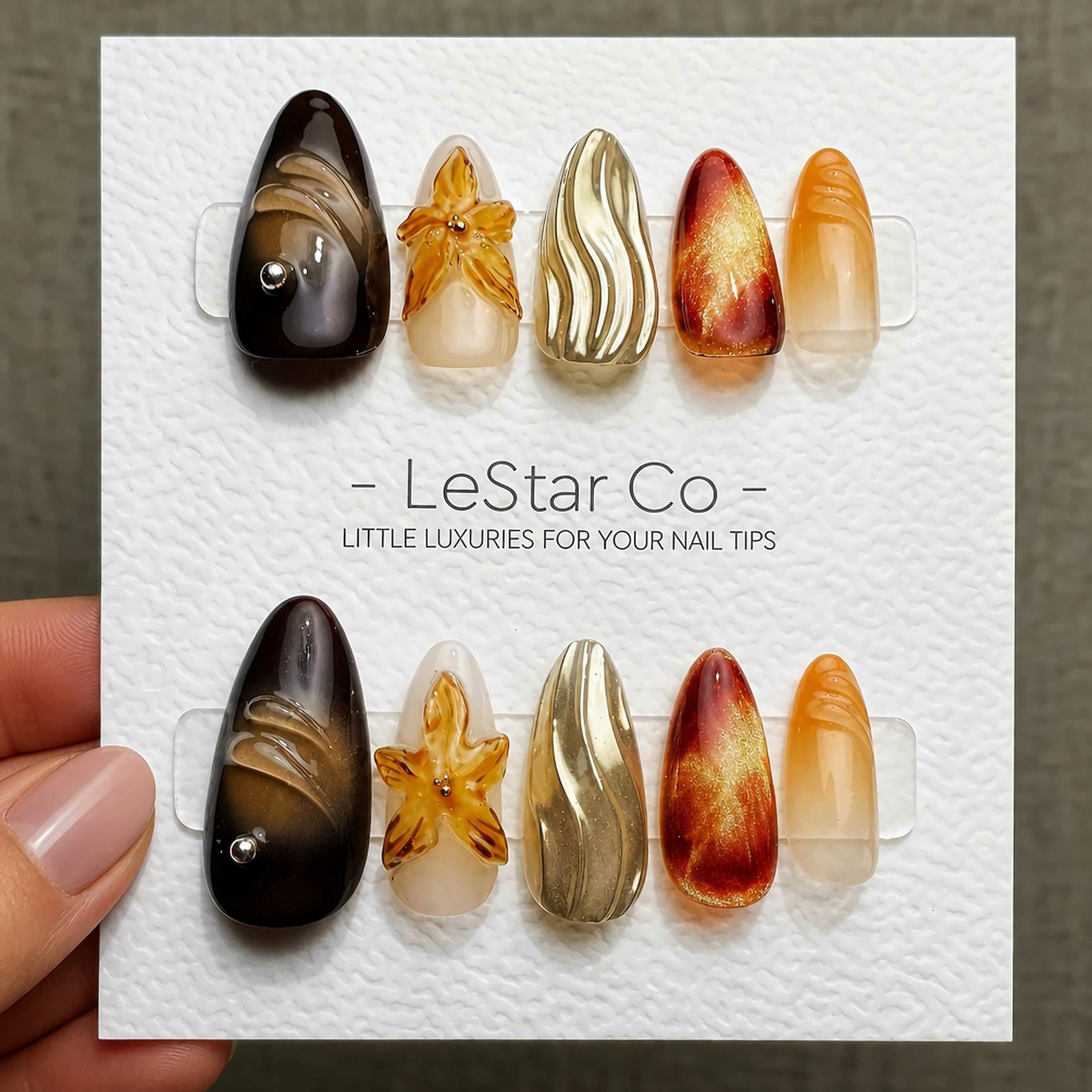 Handmade Amber Gradient 3D Flower Gold Wave Metal Medium Almond Press on Nails