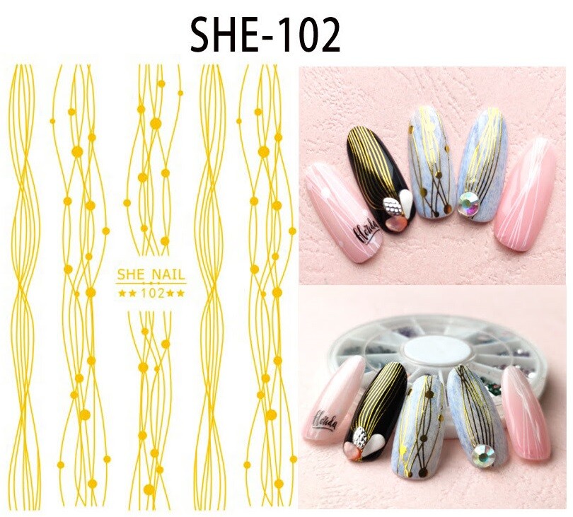New 48Styles 3D Gold/Silver/Black Nail Art Sticker Chain Flower Star Lines Decor