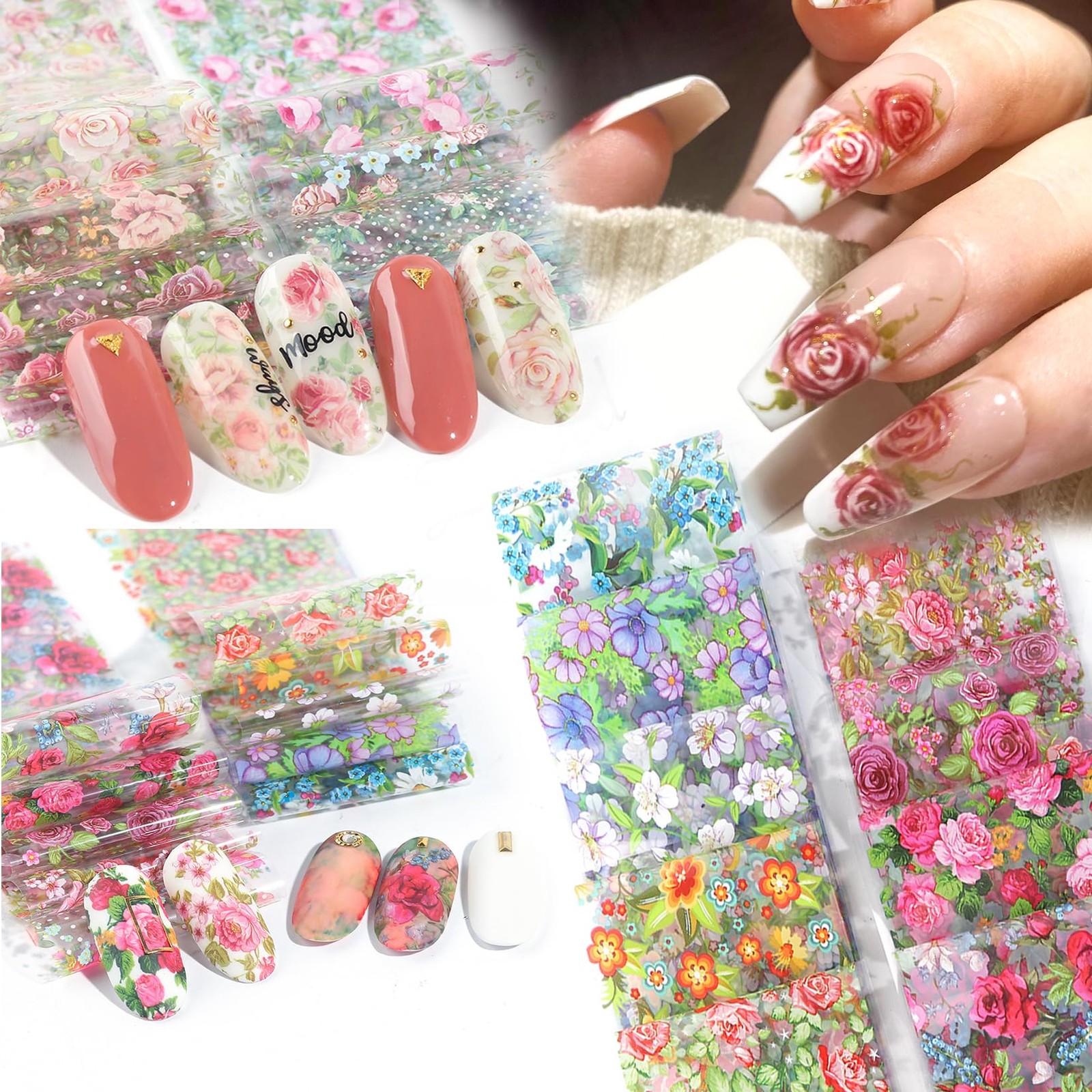 Rose Flower Nail Foil Transfer Nails Art 50PCS Valentine’s Day Nail Art Foils…