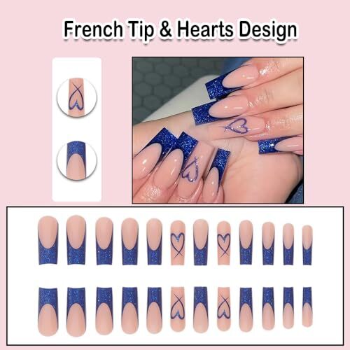 French Tip Press on Nails Blue Square Ballet Medium Long Fake Nails Glue on