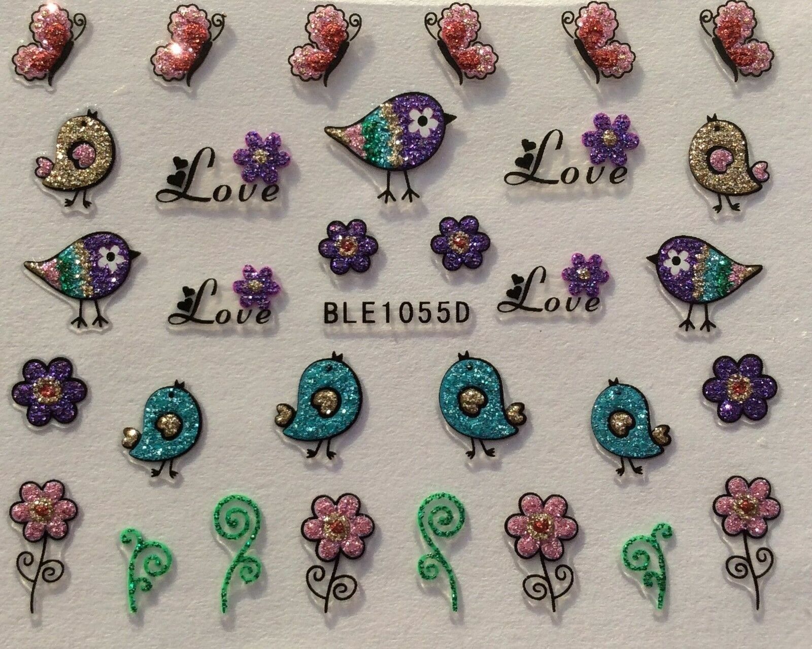 Nail Art 3D Stickers Glitter Decals Easter Spring Love Birds Flowers BLE1055D