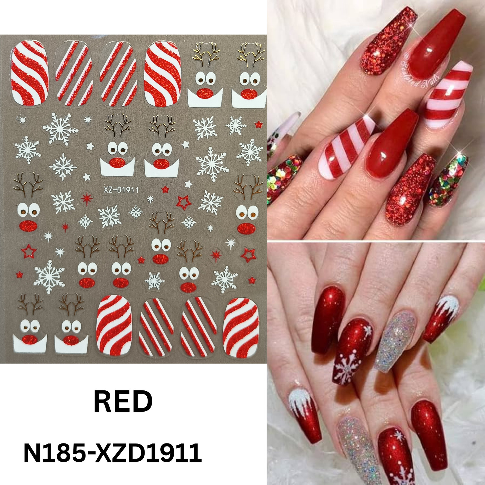 Set of 12 Christmas 3D Nail Decals – Holiday Reindeer, Candy Cane, Santa & Snowf