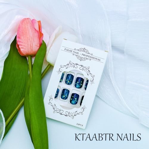 Starry Sky Press on Nails – Short Square Dark Blue Fake Nails with Stars A01