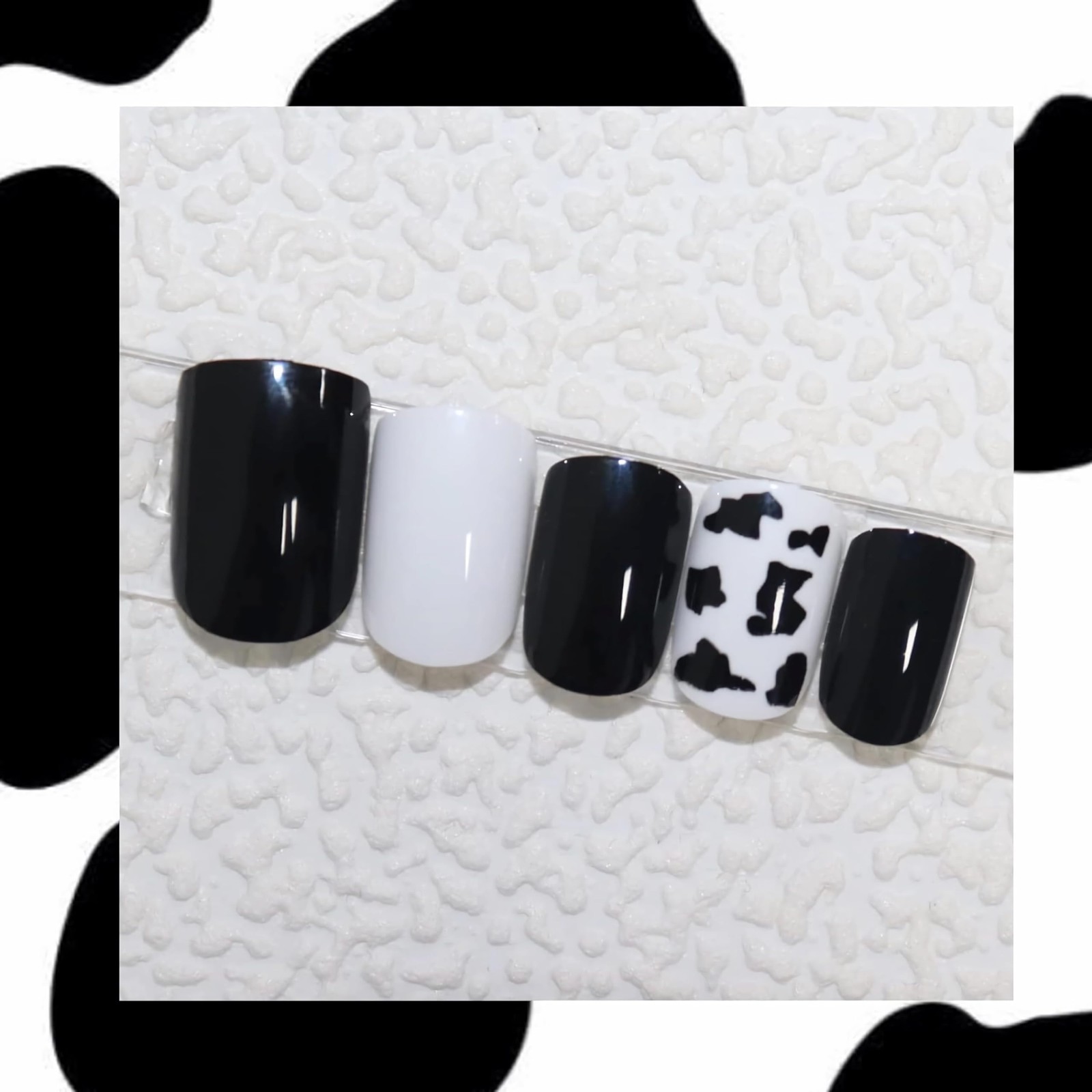 Square Press-on Short Cow Print Nails – 24Pcs Cute Squoval Fake Glossy Black …