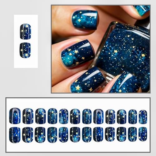 Starry Sky Press on Nails – Short Square Dark Blue Fake Nails with Stars A01