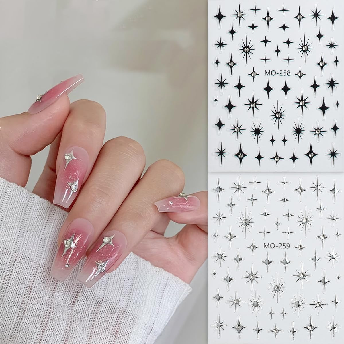Star Nail Art Stickers Decals, 3D Self-Adhesive Shiny Crystal Black Silver Gold