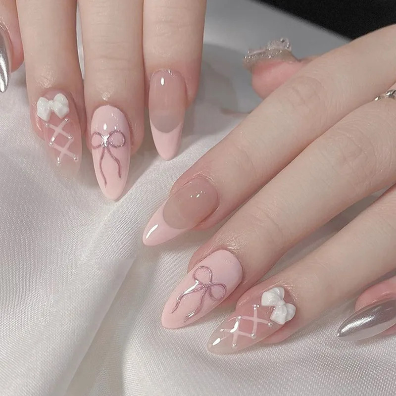 24pcs Sweet Cat Eye French Press on Nails 3D Bow Knot Diamond Almond False Nails