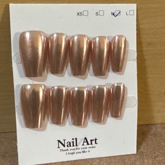 Rose Gold Chrome Press On Nails Medium Coffin Metallic Pink Mirror Finish Set