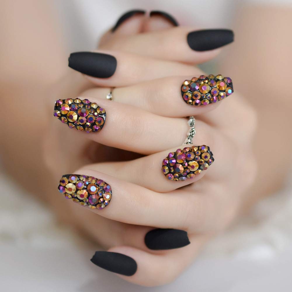 Frosted Coffin Nails Set Crystal Press On Medium (24 Count), Black