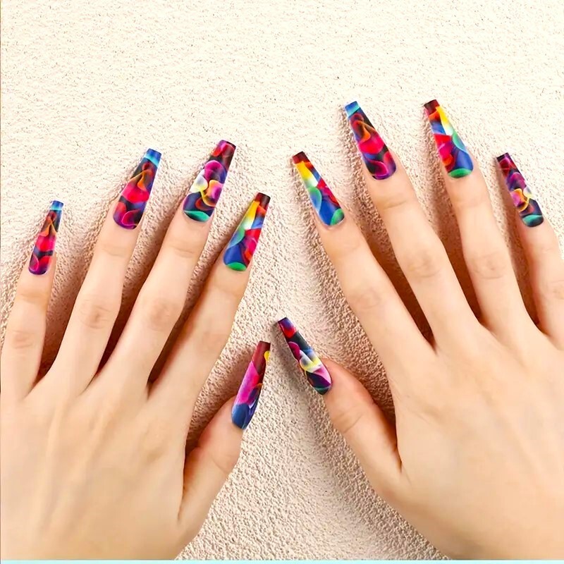 Fake Nails 24 Trippy Bright Swirls Press On Style Kit Flame Sexy Colorful Smudge