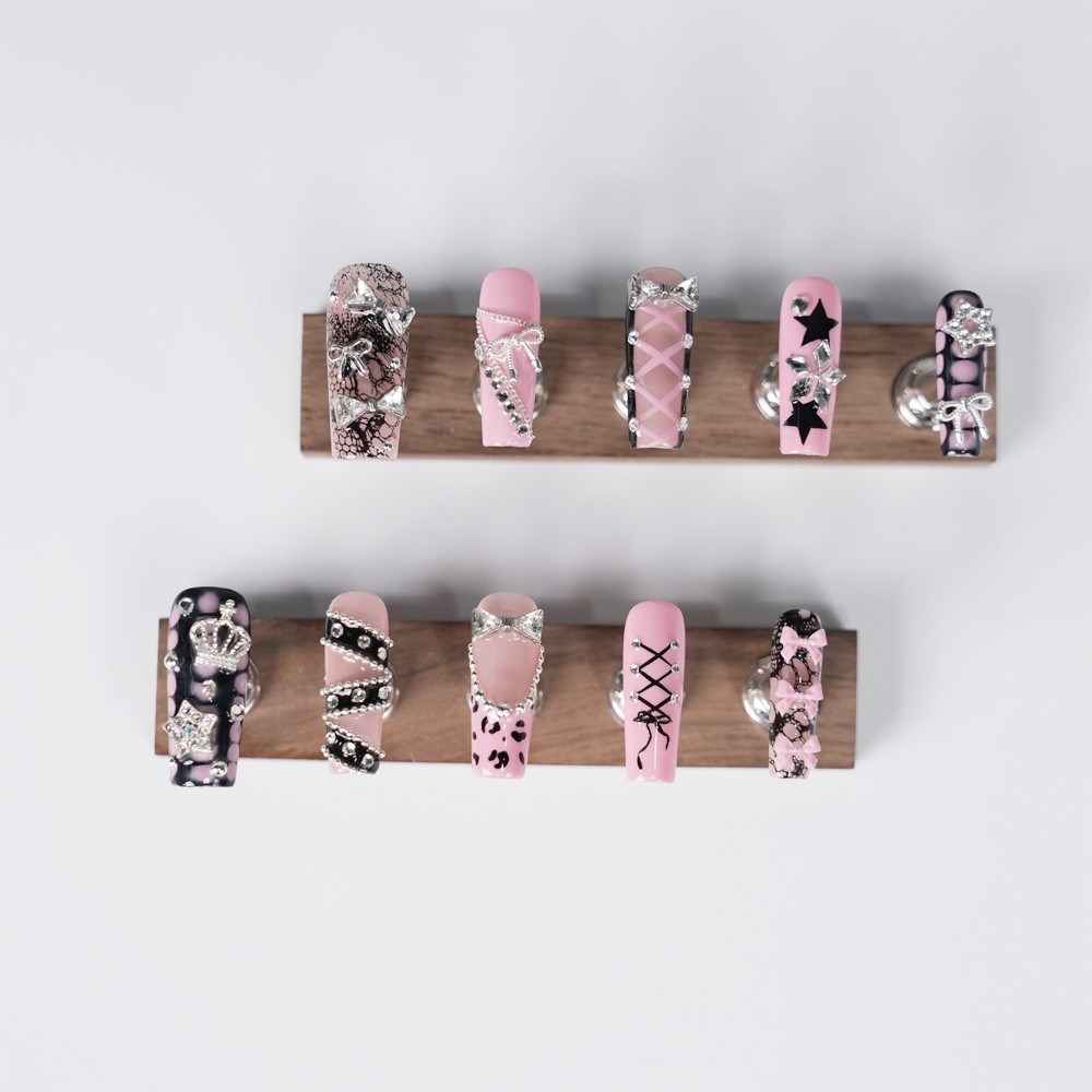 Handmade Pink Black Lace Press on Nails Bow Crown Rhinestone Edgy Fake Nails