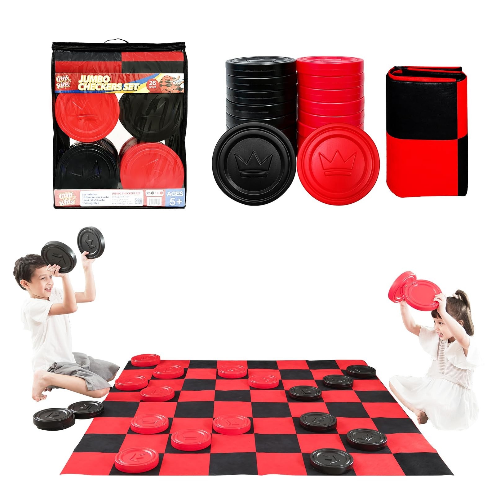 Jumbo Checkers Set with Storage Bag – 58 inch mat – Outdoor & Indoor Play Toy…