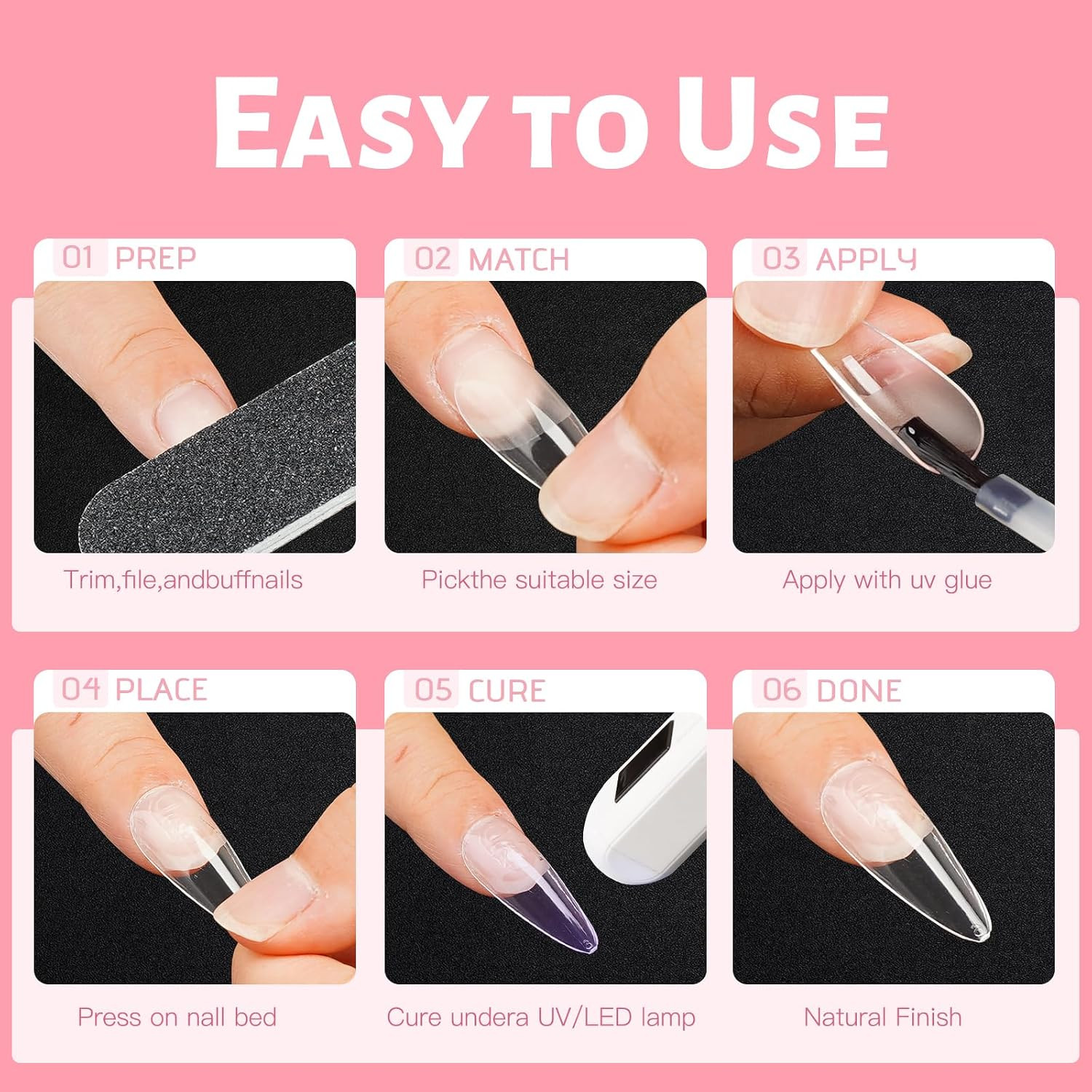 Long Almond Nail Tips: 240PCS Soft Gel Nail Tips Pre Etched Fake Nails, 12 Sizes