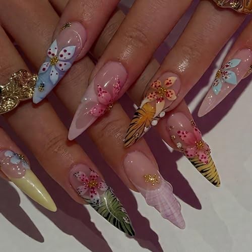 Colorful Flower Press on Nails Long Artificial Acrylic Fake Nails Animal Print