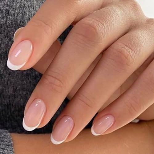French Tip Press On Nails, Short Oval Fake Nails Nails Press B6-Nude French