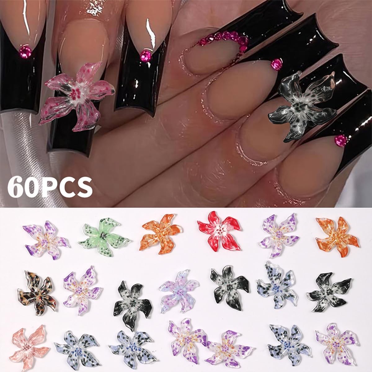 60PCS Flower Nail Art Charms 3D Hawaii Flowers Nail Rhinestones Colorful
