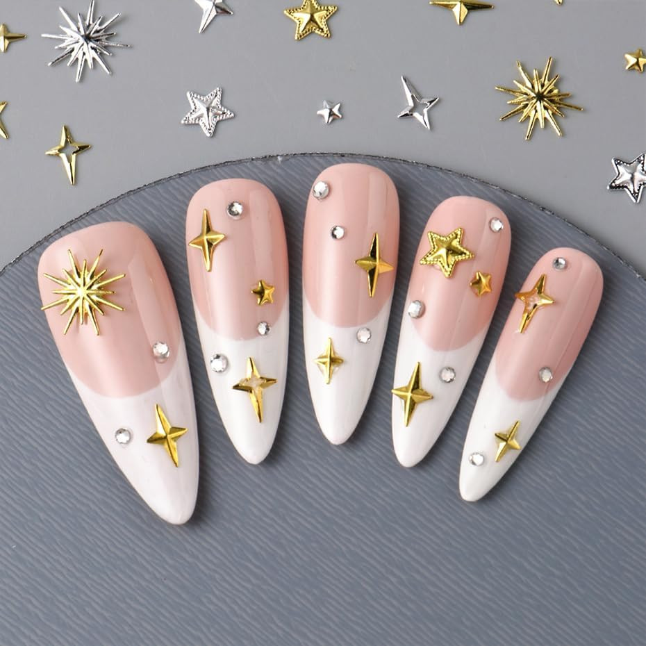 12Grids Star Nail Rhinestones Charms Gold Silver Star Nail Gems Diamonds 3D Allo