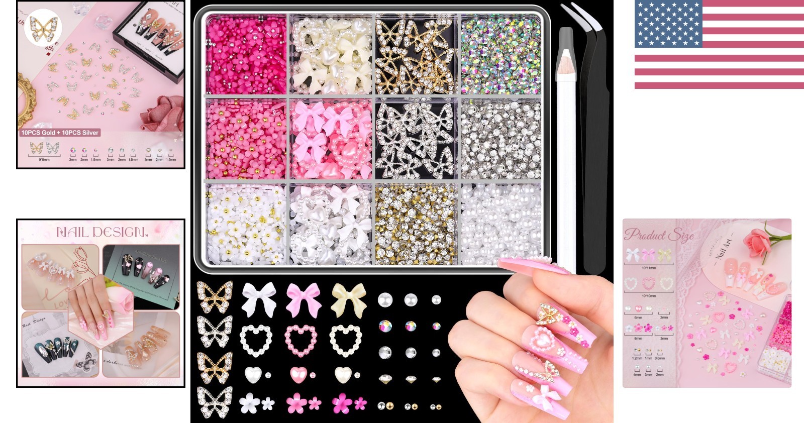 3D Nail Charms Set: 20PCS Butterfly + 75PCS Bow & Heart + Gems, Tools Included