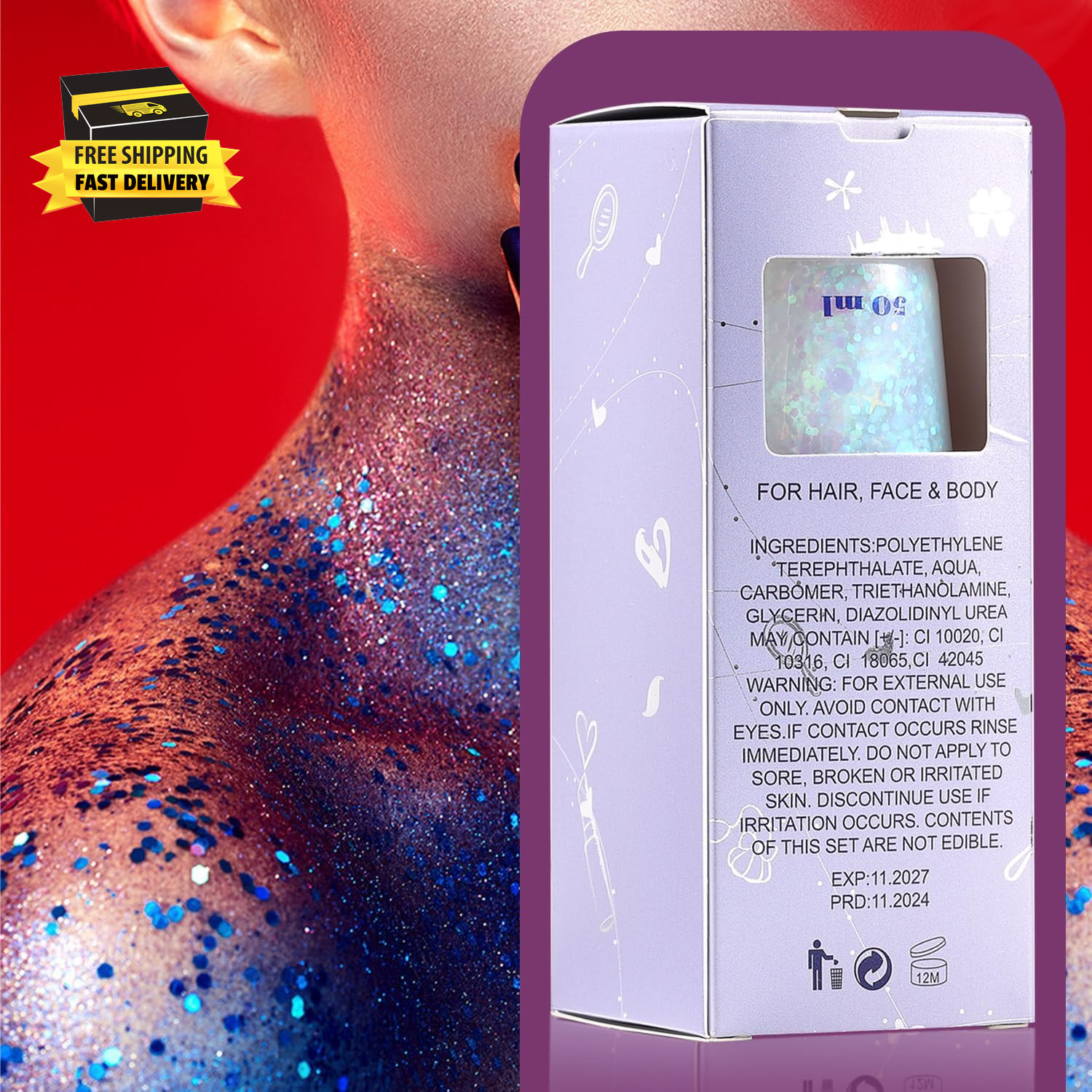 2PCS Body Glitter, 100Ml Christmas Face Glitter for Women Girls Kids, Glitter Ge