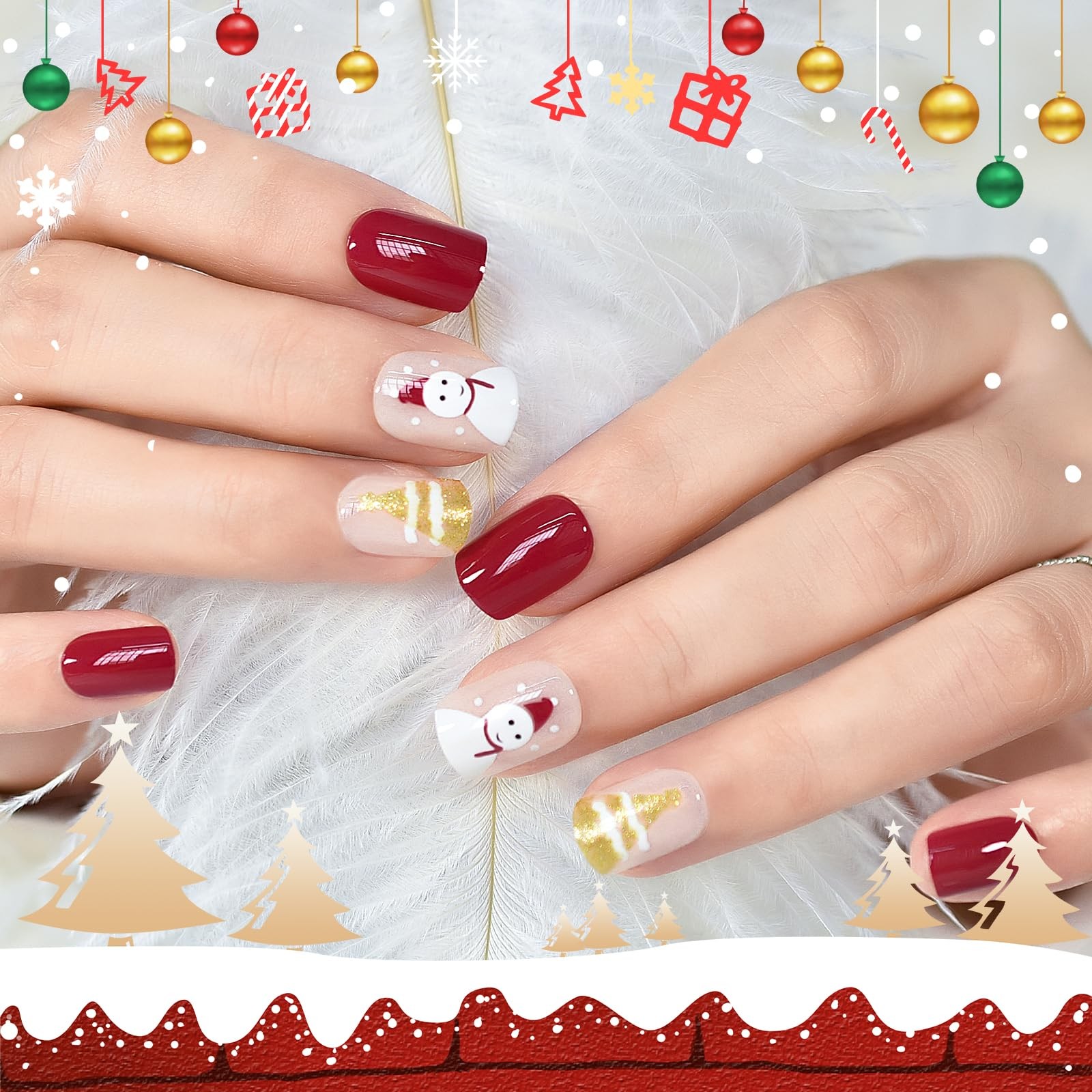 Christmas Snowman Press On Nails with Pre-design Golden Glitter Tree Short Sq…