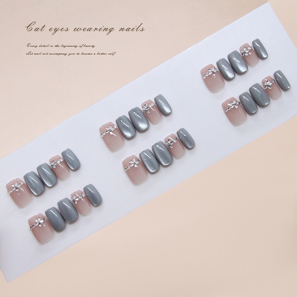 glitter gradient Glitter Flower Press On Nails Short Ballet Style Sweet Simple