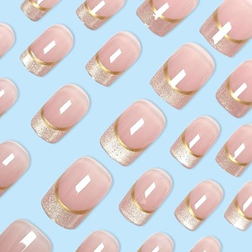 French Tip Press on Nails Short Square Nails Press Ons with Gold Lines Nude-3