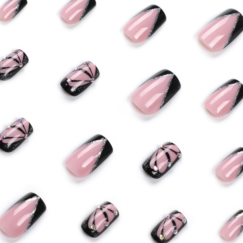 Black Press on Nails Short Medium Square French Tip Fake Nails with Butterfly…