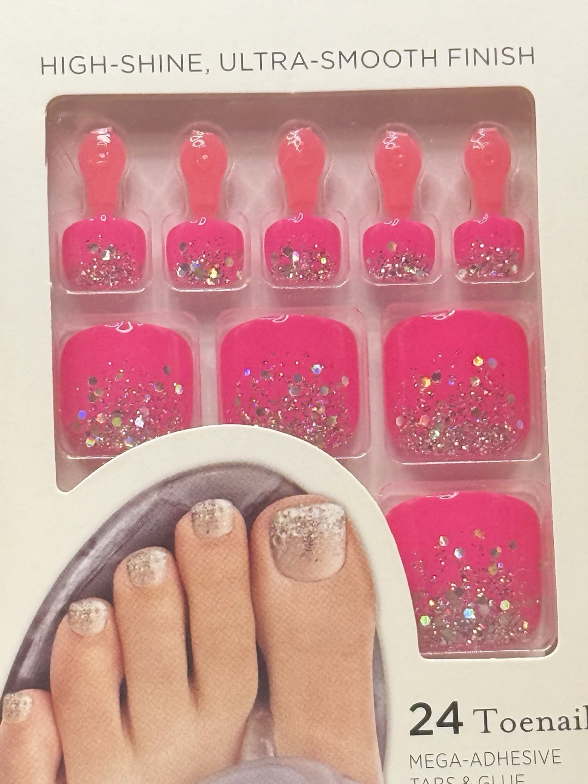 Kiss Gel Fantasy Press-On Toenails Pedicure Hot Pink Glitter 64271 Lot Of 2