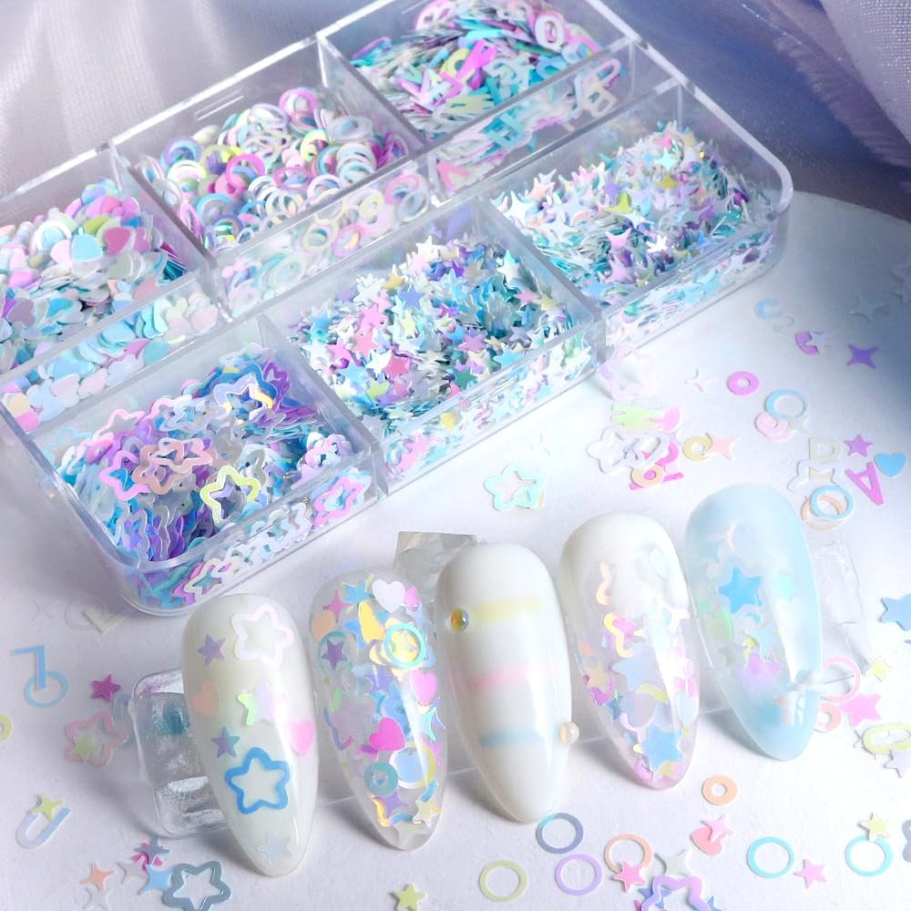 6 Grids Holographic Heart Star Circle Nail Art Sequins Glitter for Nails Nail…