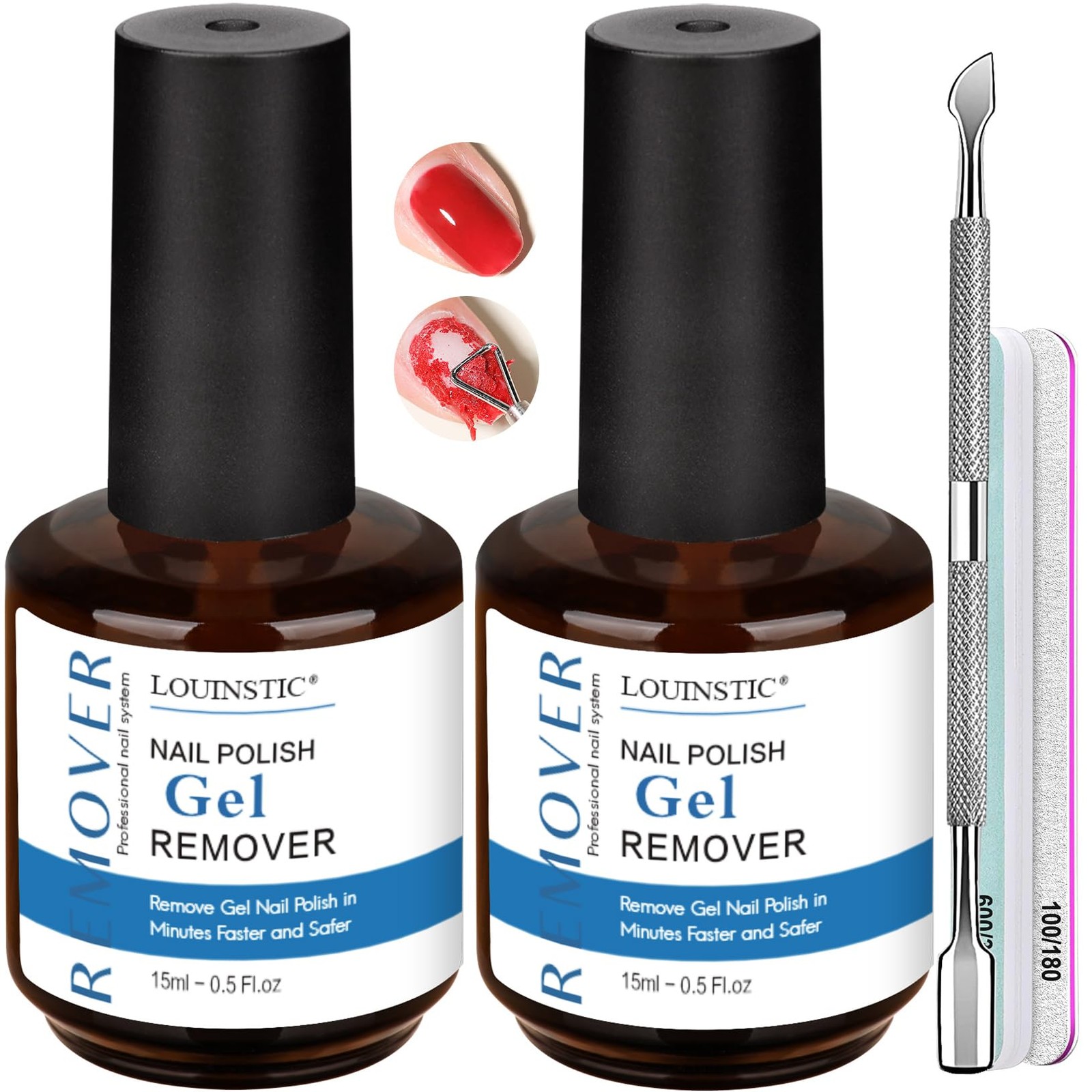 LOUINSTlC Gel 0.25 Fl Oz (Pack of 2), 2pcs Remover & Manicure Tools X4