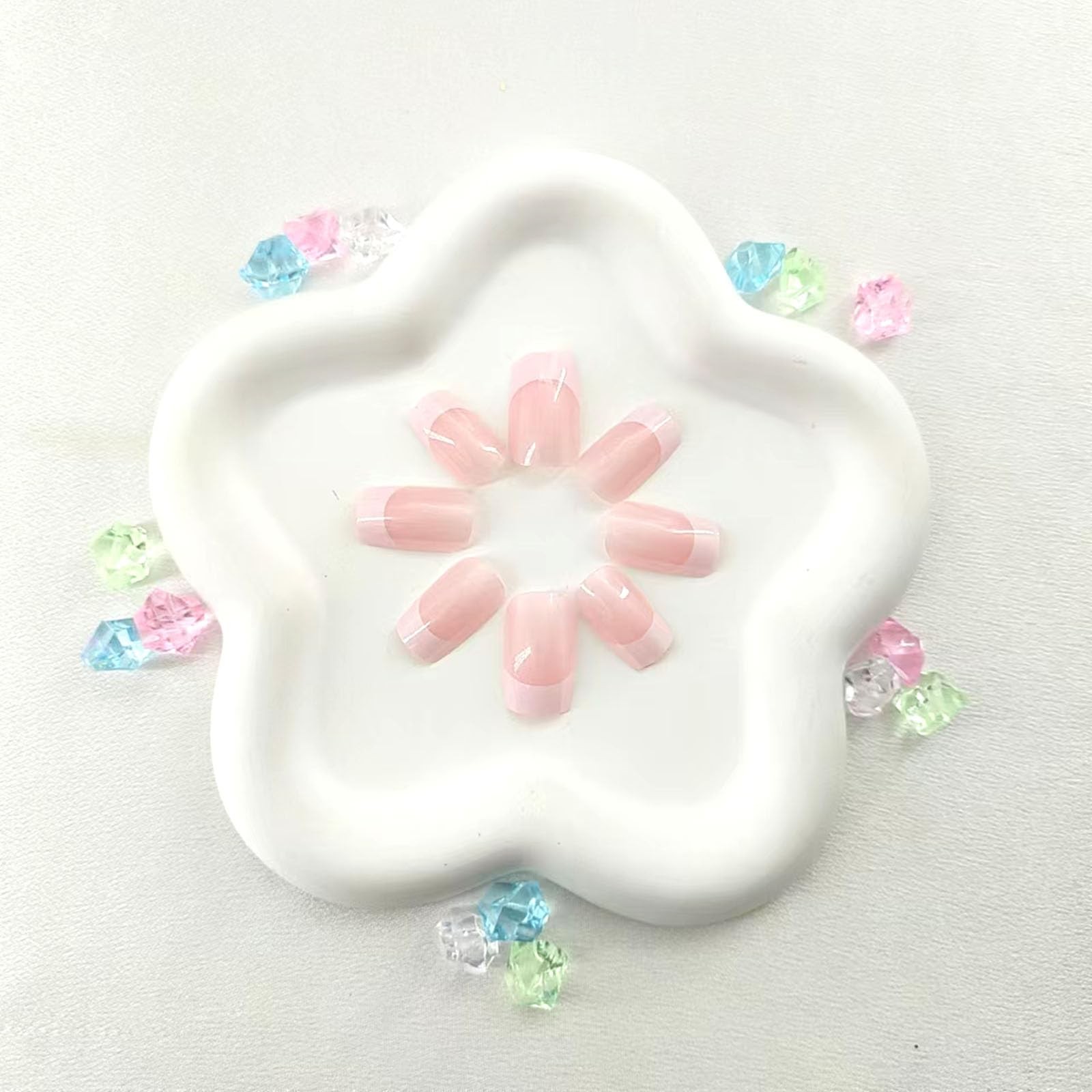 Medium Press on Nails Square White French Tip False Medium, Light Pink
