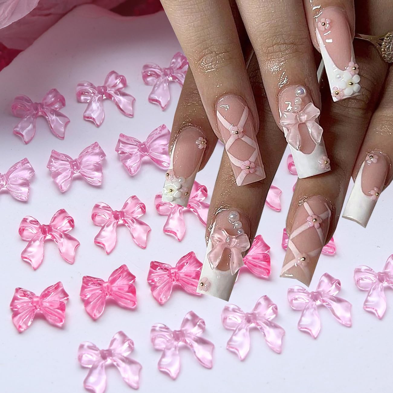 50Pcs Bow Nail Charms 3D Bow-Knot Nail Decals Nail Charms Pink Bowknot Resin …