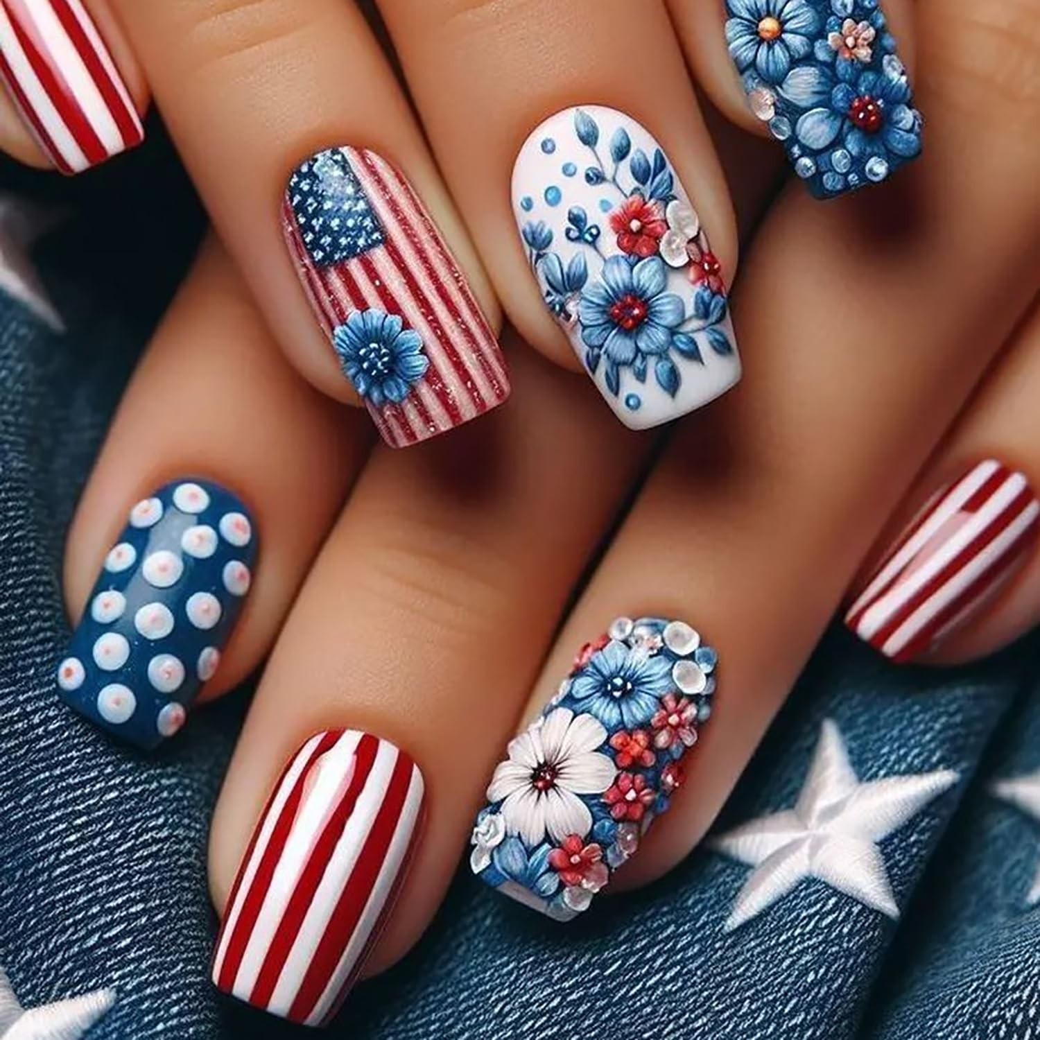 4th of July Press on Nails Medium Independence Day Fake Nails Patriotic False…