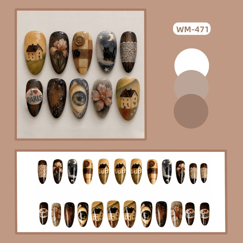 48Pcs Vintage Painting House Cat Oval Press on Nails, Artistic Gothic Fake Nails