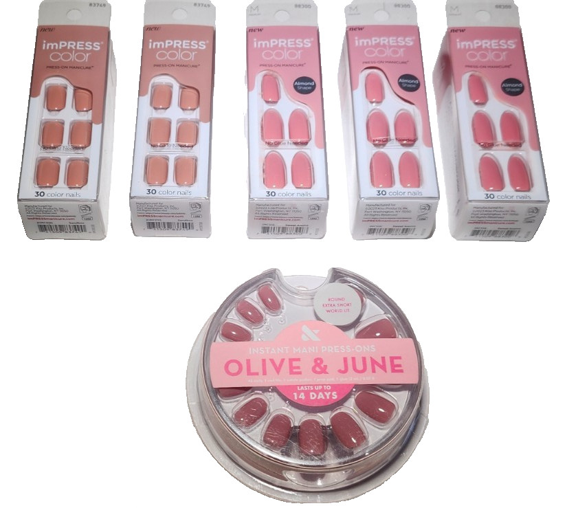 6 Brand New Boxes of Press-On Nails/5 imPRESS & 1 Olive & June – Variety (NEW)