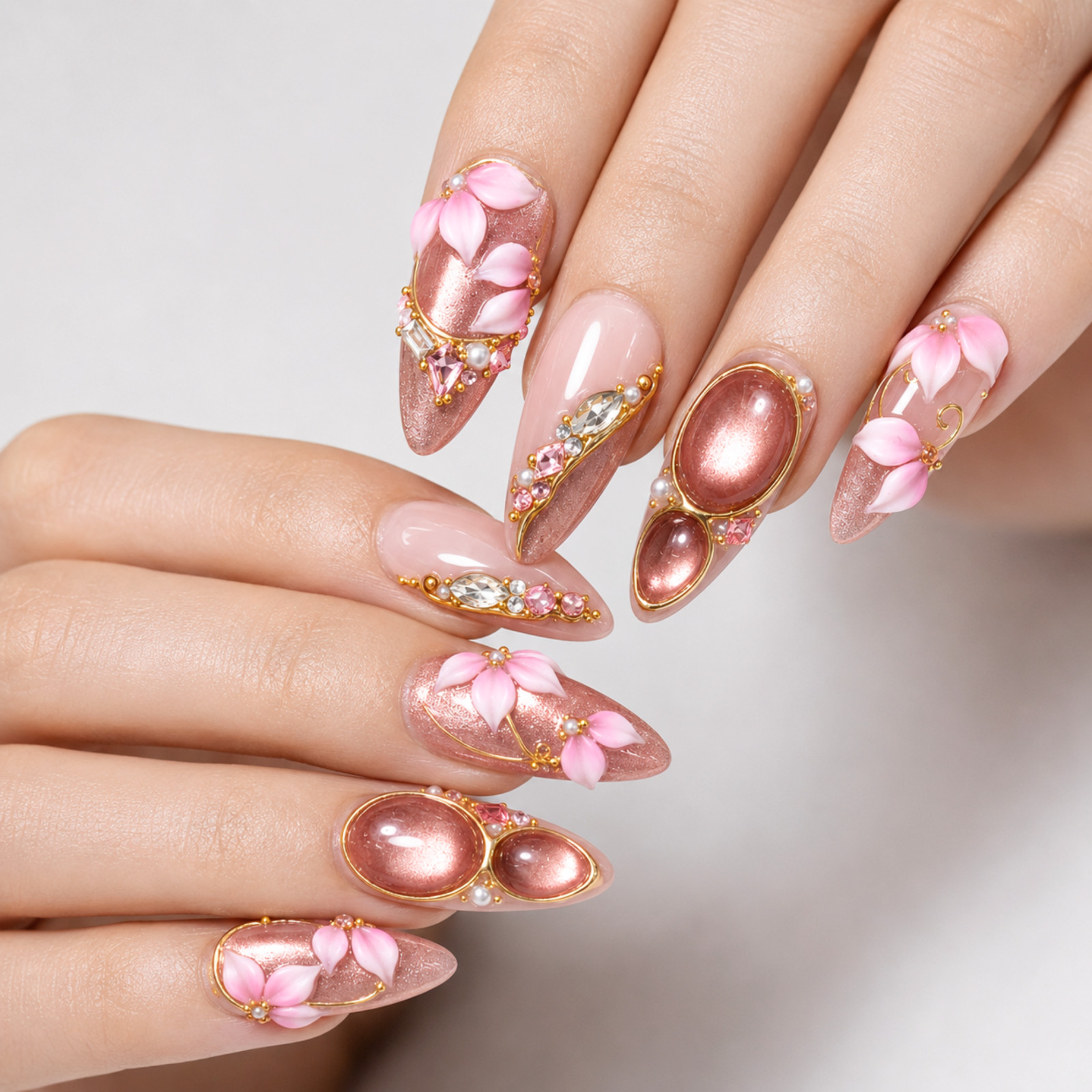 Pink Floral Handmade Press On Nails Rose Gold Cat Eye 3D Gems