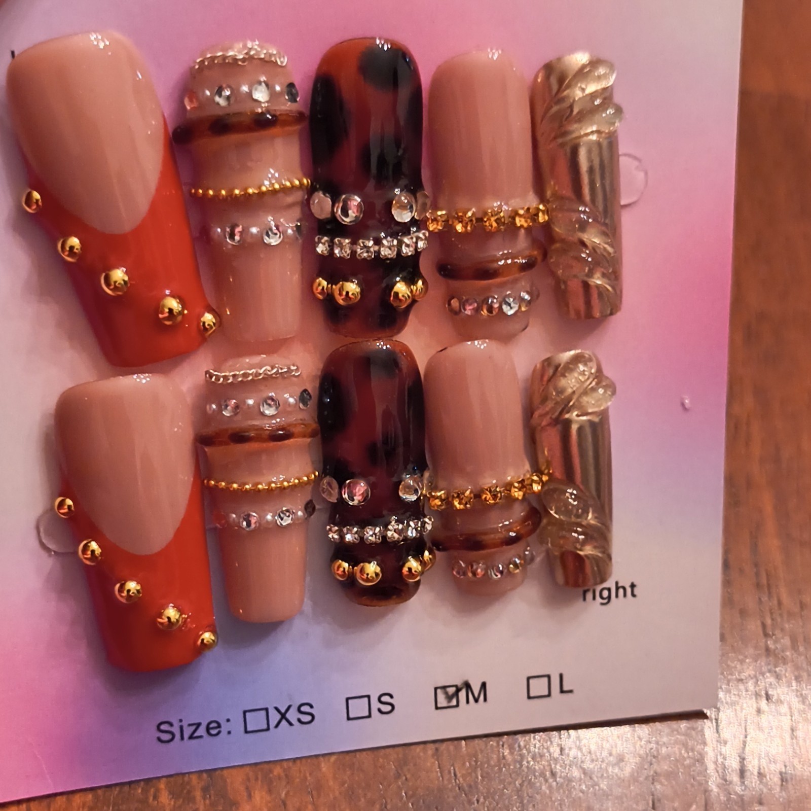 Press-On Nails Medium Coffin Nude Red Gold Brown Black 3D Animal Full Cover
