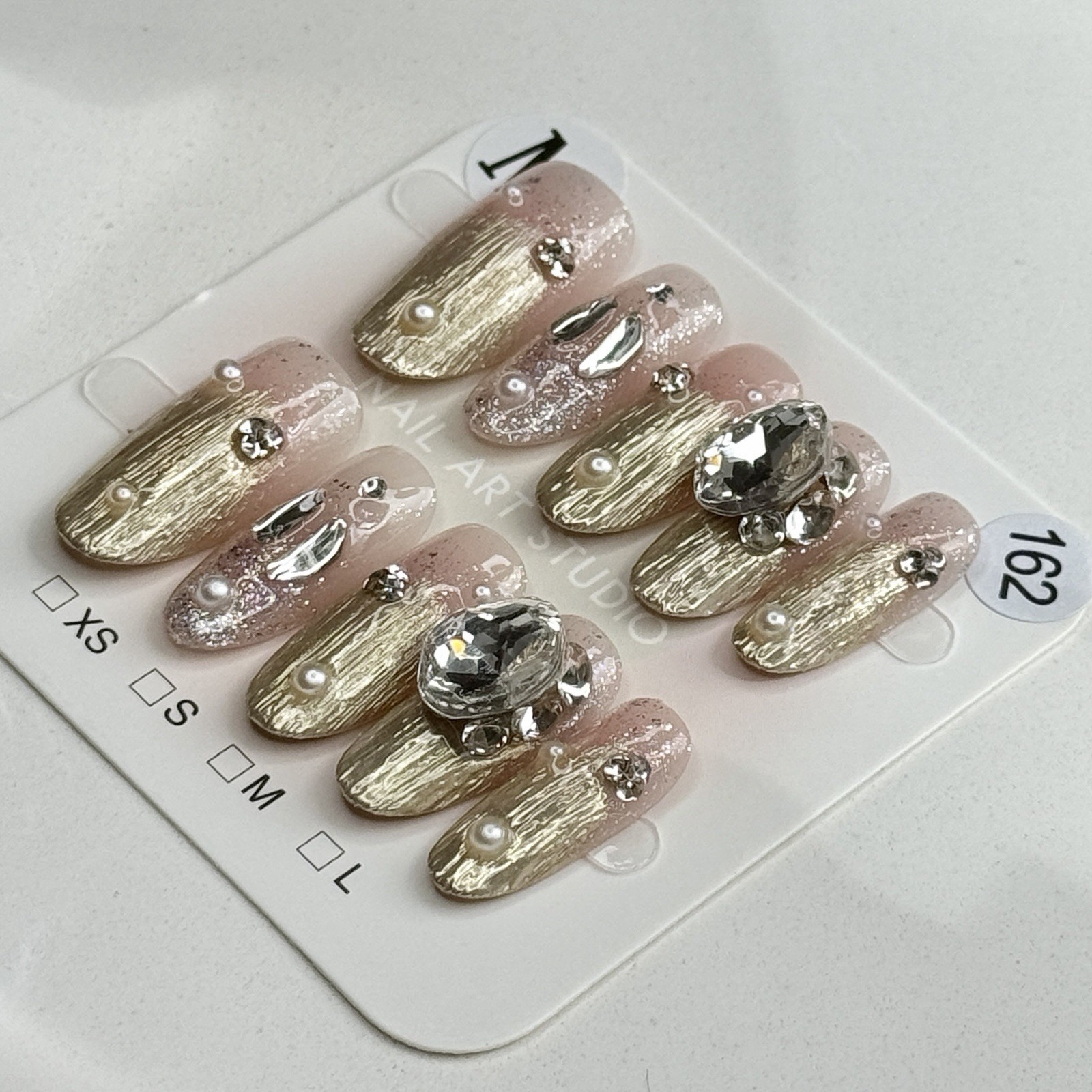 Handmade Pink Rhinestone Ring Press-On Nails Medium Oval SizeM Reusable