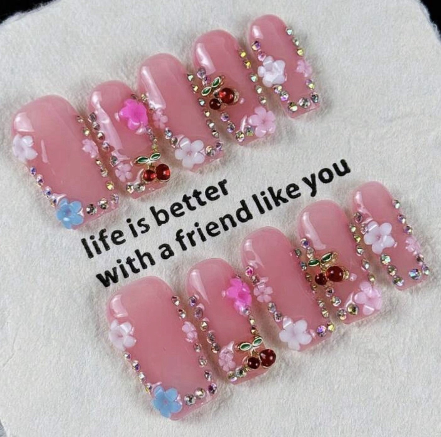 3D Flower Rhinestone Press-On Nails, Short Square Full Cover Pre-Designed Pink