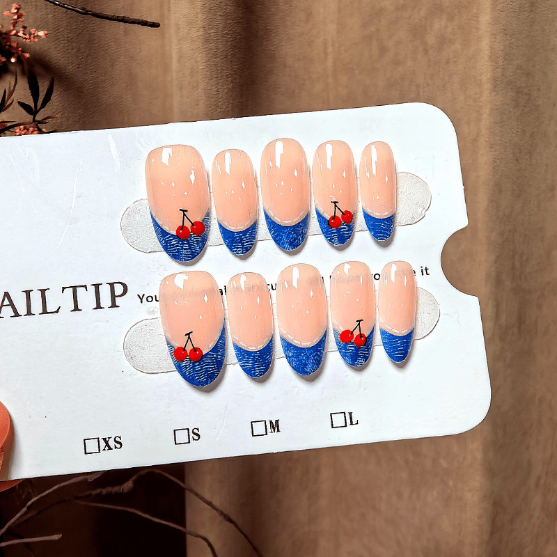 60pcs Almond Press on Nails, Denim French Tip Hand Drawn Cherry Casual Nail Art
