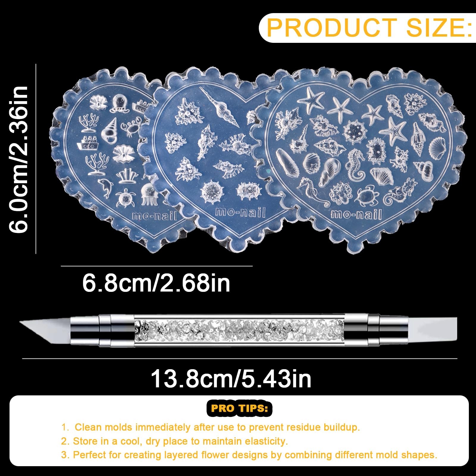 3PCS Ocean Nail Molds (Heart Shaped), Silicone Nail Art Molds – Shell, Starfi…