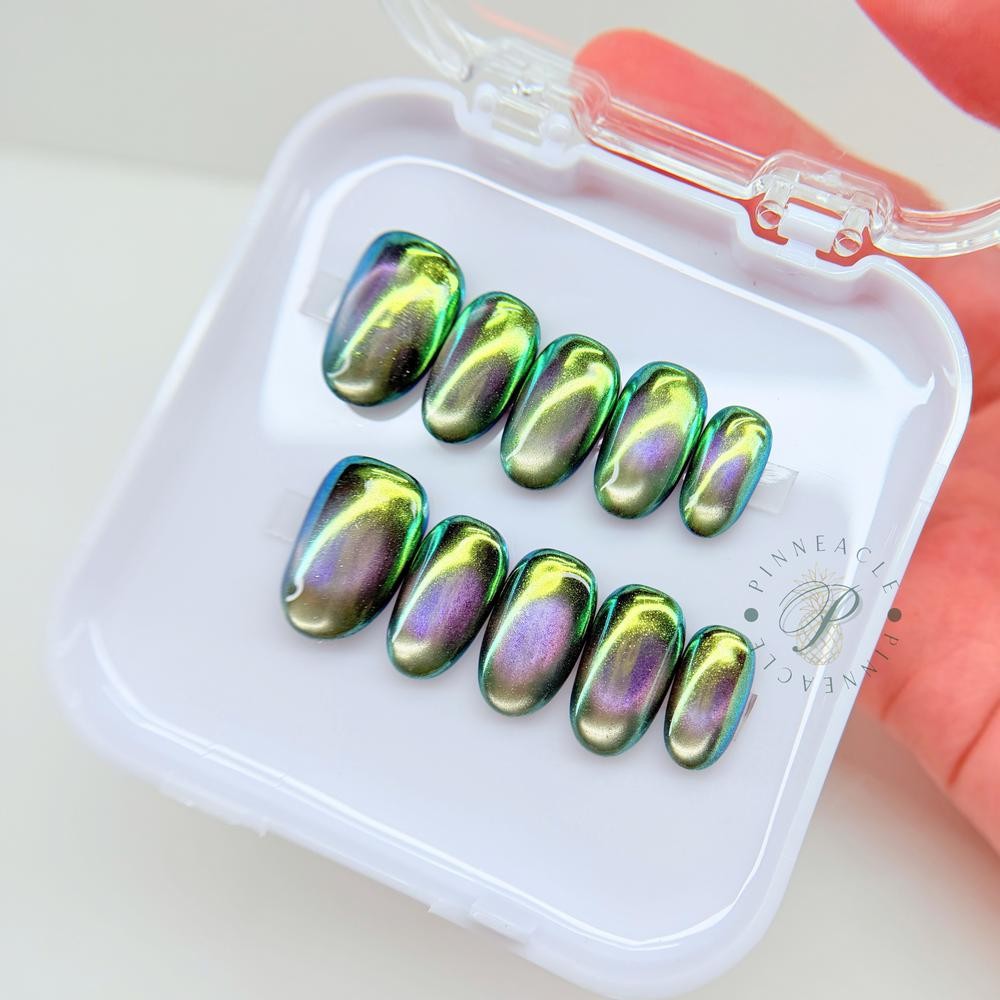 Custom Handmade Green Purple Chameleon Chrome Oval Press on Nails Set